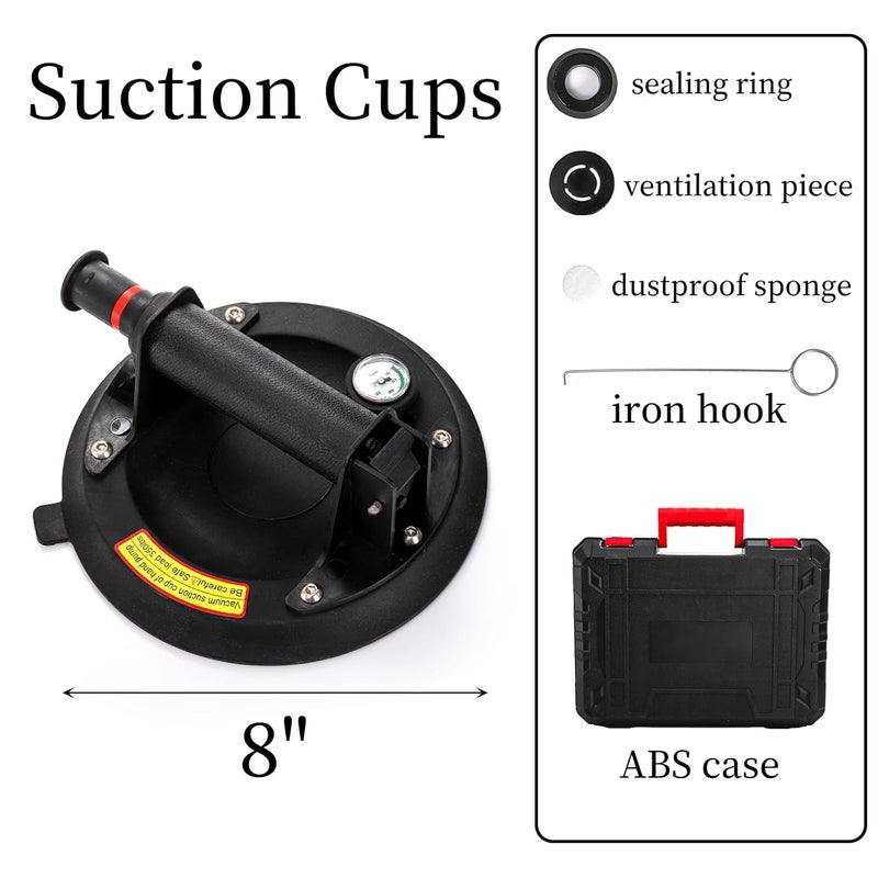 Goaste 2 Pack 8" Glass Suction Cups, 440 lbs Load Capacity, Vacuum Glass Lifter with Pressure Gauge, Heavy Duty Industrial Tile Suction Cup Tools for Windshield, Granite, Marble - Image 2